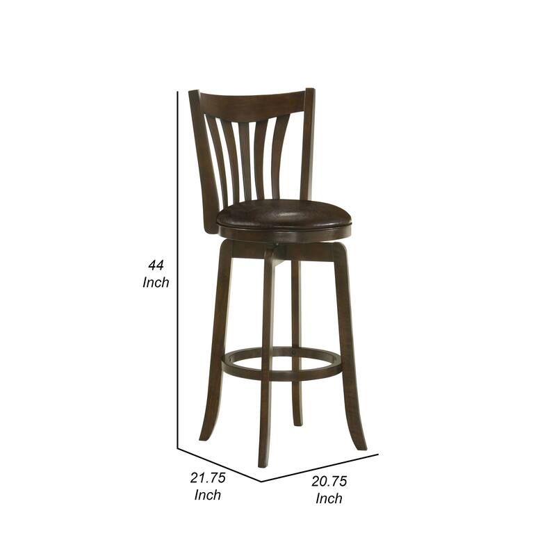 Ethan Swivel Barstool Chair, Dark Brown Faux Leather, Slatted Back Hardwood