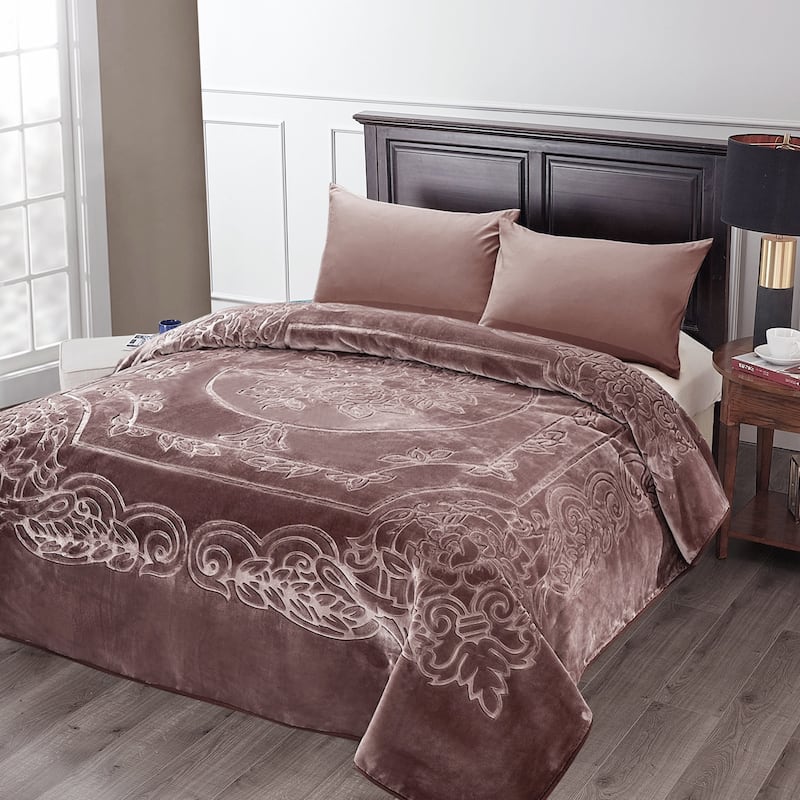 Luxury Embossed Floral Fleece Blanket - Brown