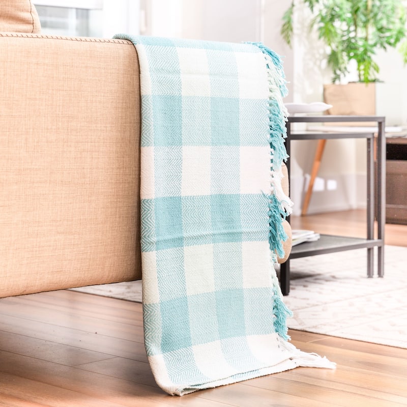 Fabstyles Herringbone Checkered Cotton Throw Blanket with Fringes