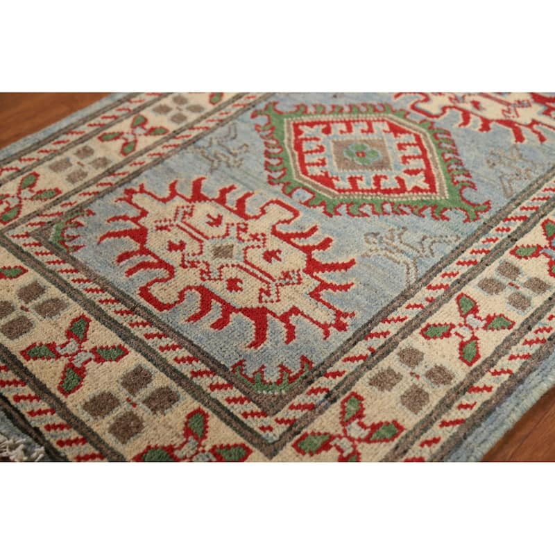 Light Blue Geometric Kazak Foyer Rug Hand-Knotted Wool Carpet - 2'0"x 3'0"