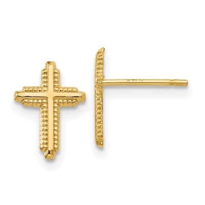 Curata 14k Yellow Gold 10x7mm Small Beaded Cross Post Stud Earrings - White