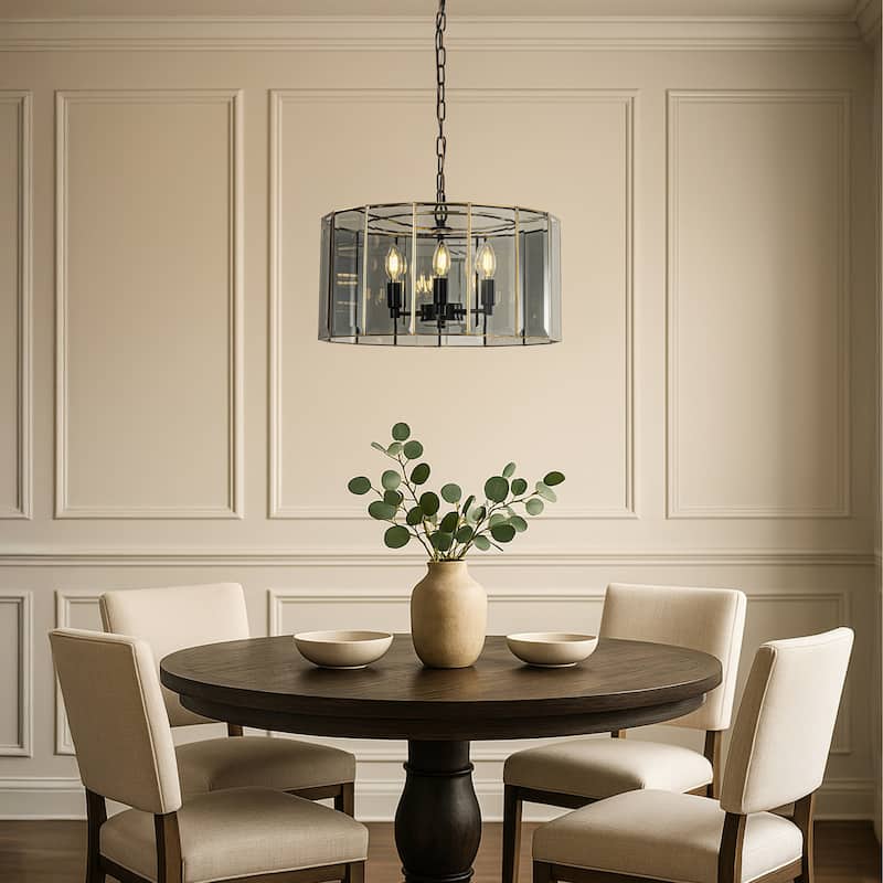 5-Light 20'' Modern Smoked Glass Drum Brass Chandelier Dimmable and Ajustable For Dining Room Living Room - W20''