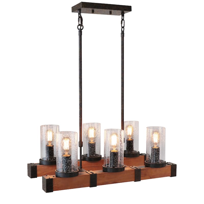 Anmytek Modern Farmhouse 6-Light Wood Black Chandelier Linear Kitchen Island Lights with Cylinder Glass