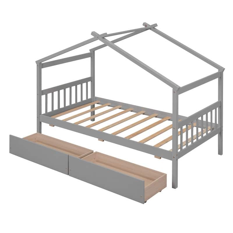 Twin Size Wooden House Bed with Drawers