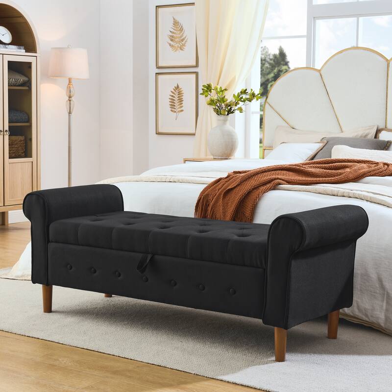 62" Bedroom Tufted Button Storage Bench Linen Upholstered Ottoman - Black