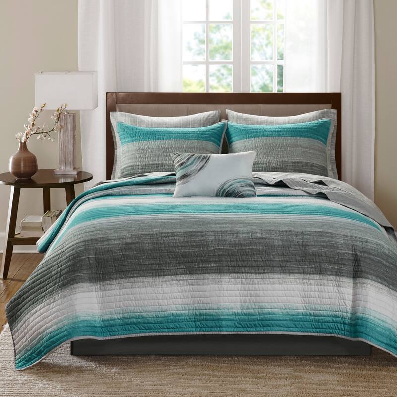 Madison Park Essentials Barret Quilt Set with Cotton Bed Sheets - Aqua - Full