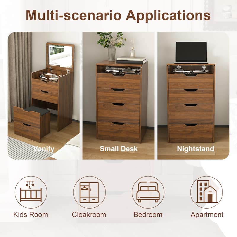 3-in-1 Vanity Desk with Lighted Mirror, Small Flip Top Dressing Table Set, Makeup Table with Visible Glass Top, Drawers & Stool