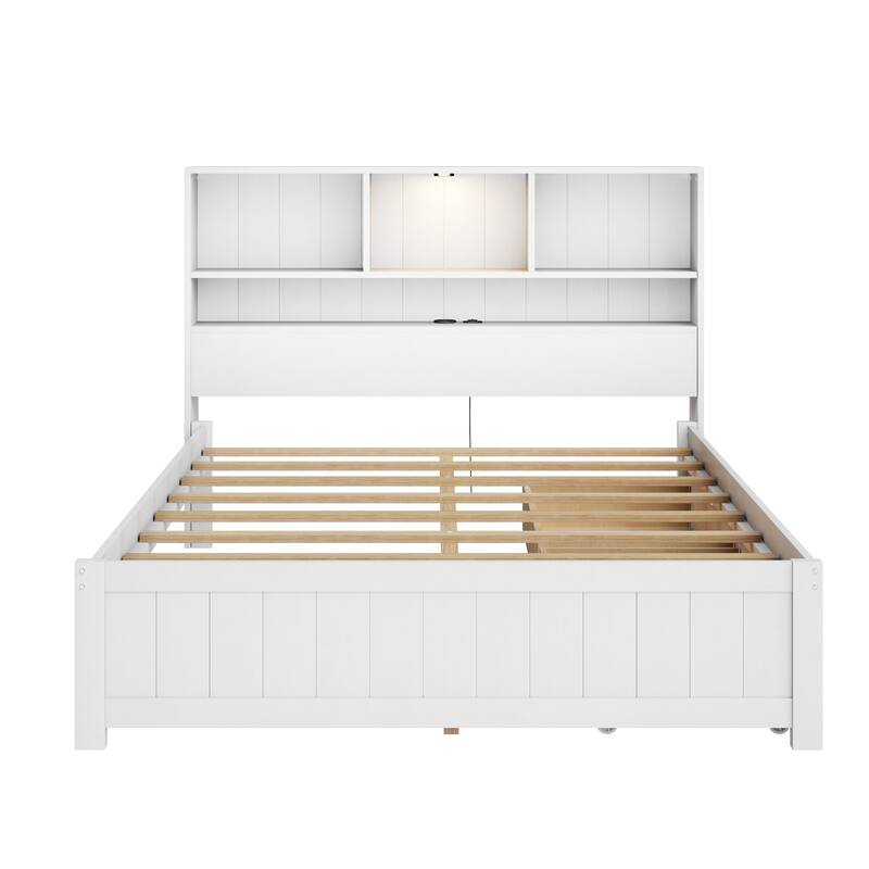 Wood Platform Bed Frame with Built-In Night Light/Charging Station/Open Bookcase Headboard/and 2 Side Drawers/Wood Slats Support