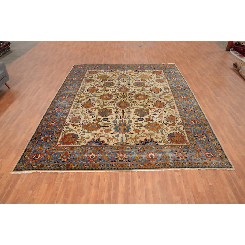 Hand Knotted Oriental 100% Wool Carpet Traditional All-Over Beige & Ivories Tabriz Area Rug - 12' 11'' X 10' 3''