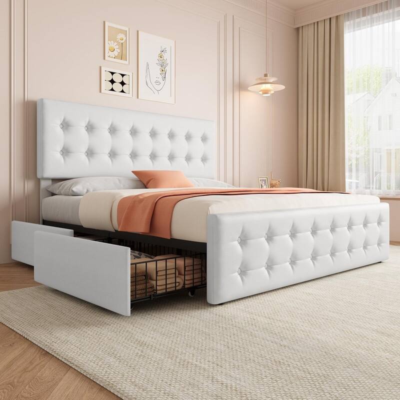 Upholstered Bed with 4 Drawers and Adjustable Button-Tufted Linen Headboard - King - White