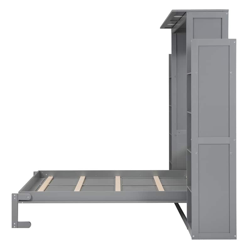 Full Size Murphy Bed Wall Bed with Shelves and LED Lights,Frame Bed