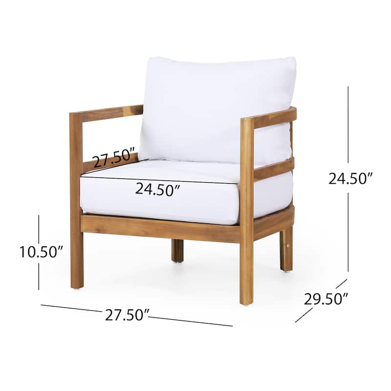 Roomfitters Outdoor Acacia Wood Patio Club Chair with Waterproof Cushions, Teak Finish, Deep Seating for Porch, Balcony, White