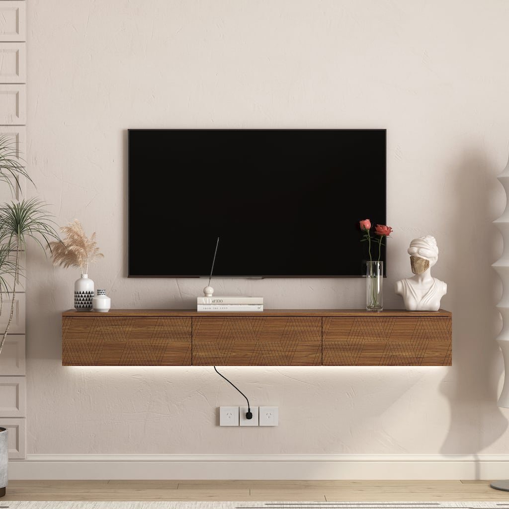 Modern MDF Floating TV Stand with 16 Color LED Lights and Storage Cabinet Wood by GDFStudio