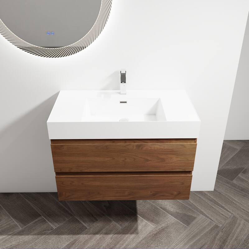 24/30/36 Single Sink Wall-Mounted Bathroom Vanity with Integrated Thick Edge Resin Sink