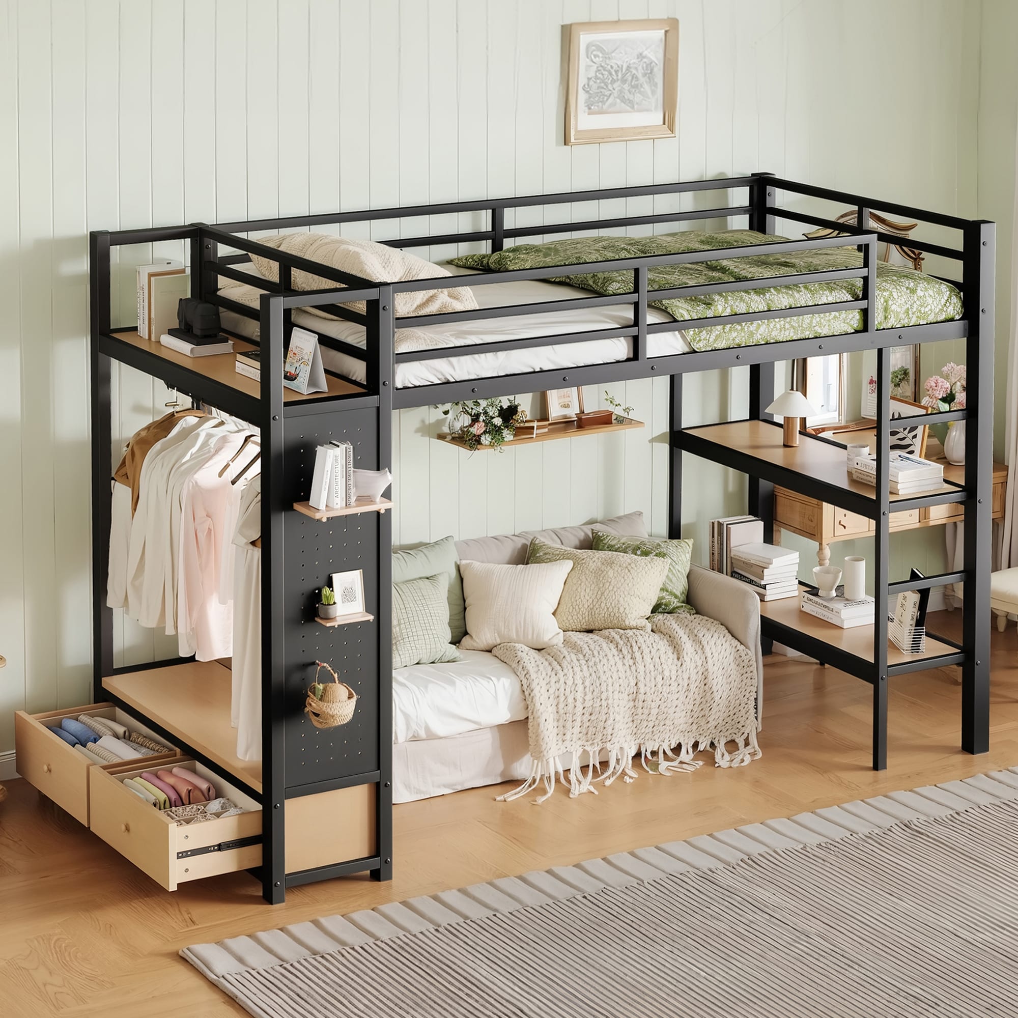 Roomfitters Twin XL Metal Loft Bed, Integrated Wardrobe, Storage Units & Side Pegboard, Black High Loft Bed Frame & Bookshelves