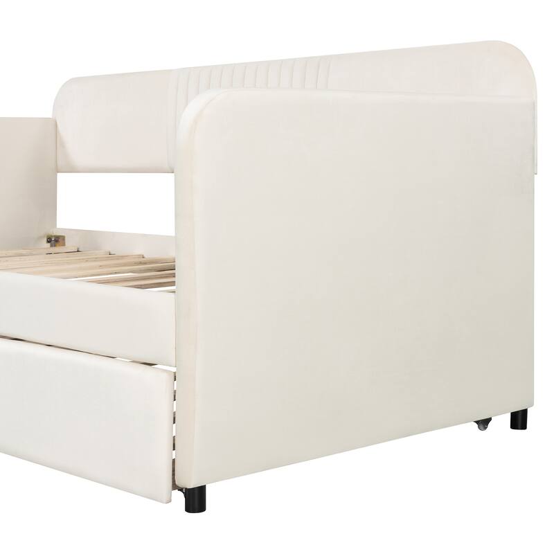 Elegant Velvet Upholstered Twin Daybed Sofa with Trundle and Wooden Slats