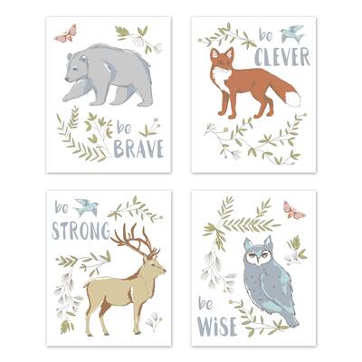 Sweet Jojo Designs Blue Grey Brown Woodland Animal Toile Collection Wall Decor Art Prints (Set of 4) - Brave Clever