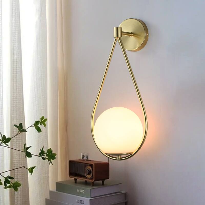Modern Brass Gold Globe Glass Plug in Wall Sconce-Indoor Wall Light Fixtures for Bedroom, Living Room