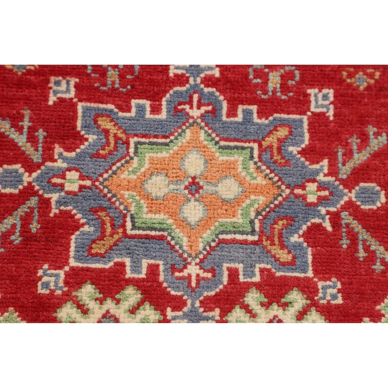 Geometric Kazak Foyer Rug Hand-Knotted Oriental Red Wool Carpet - 2'7" x 4'2"