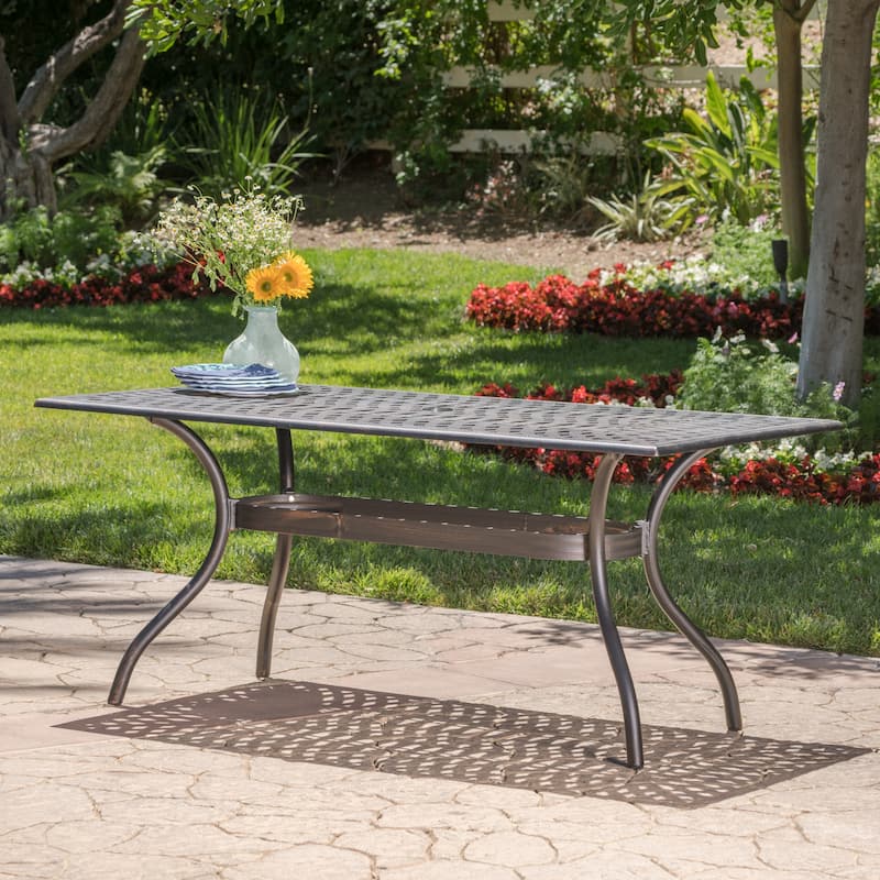 Roomfitters Rectangular Outdoor Dining Table with Lattice Top, Curved Legs and Shelf, Cast Aluminum, Bronze - Bronze