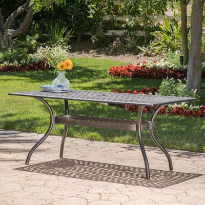 Roomfitters Rectangular Outdoor Dining Table with Lattice Top, Curved Legs and Shelf, Cast Aluminum, Bronze