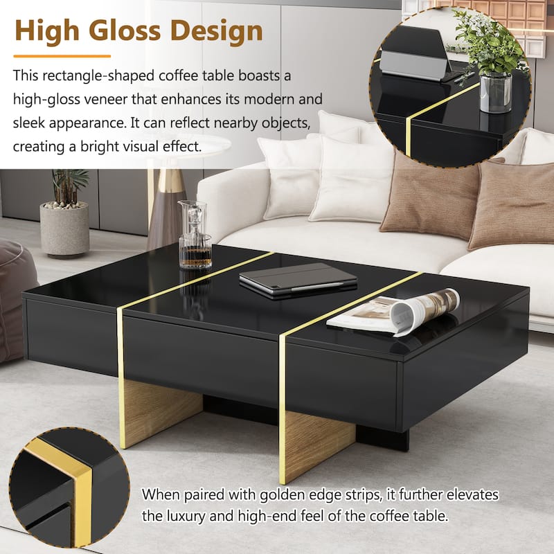 Roomfitters Modern High Gloss Coffee Table with Golden Wood Grain Legs, Rectangle Center Table with Storage