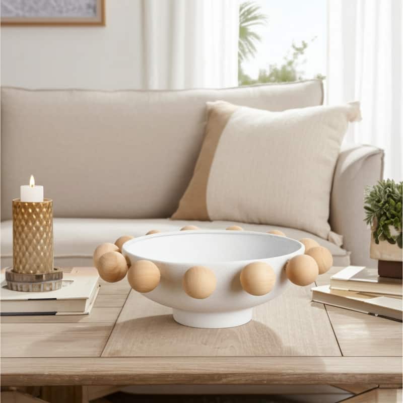 Wood and Metal Decorative Bowl with Fir Sphere Accents Modern Decor