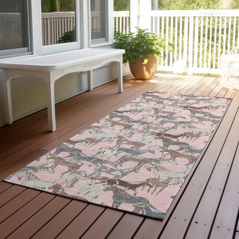Machine Washable Indoor/ Outdoor Horse Herd Chantille Rug - Pink - 2'3" x 7'6"