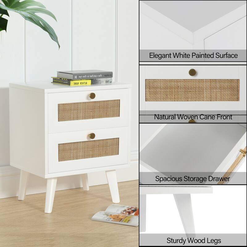 Anmytek Mid-Century Modern 2-Drawer Wood White Nightstand Sofa End Table with Storage for Bedroom