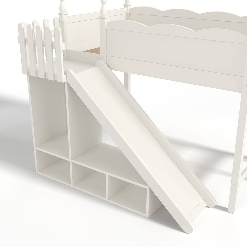 Twin Loft Bed with Storage Shelves and Wardrobe, Solid Wood Loft Beds with Detachable Slide and Ladders, No Spring Box Needed