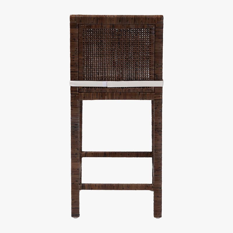 Sofia Rattan Counter Stool with Mahogany Wood Frame - Handwoven Wicker Counter Height Chair with Cushion, Coastal Boho Seating