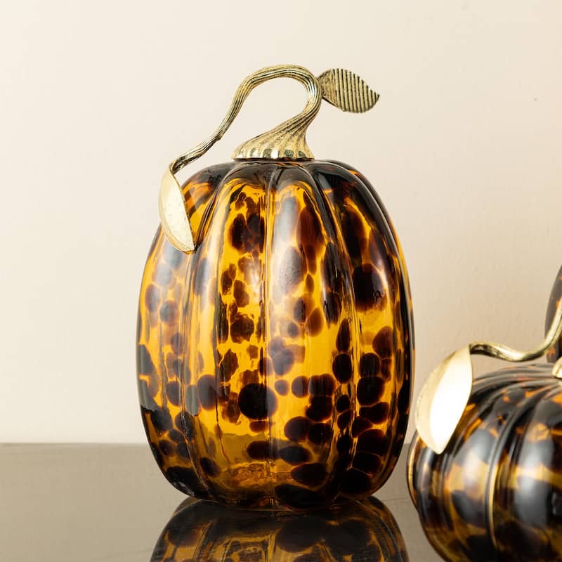 Glitzhome Gold Handle Amber Dots Glass Pumpkin for Fall Halloween Thanksgiving Decorating