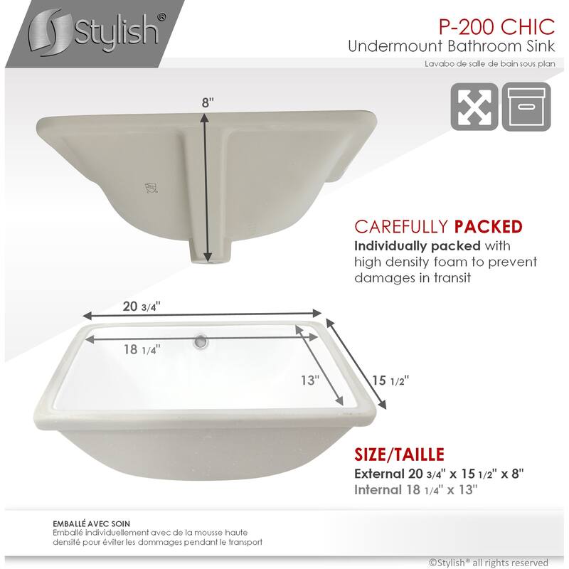 STYLISH 20.75" W x 15.5" D White Rectangular Undermount Bathroom Sink Set of 2
