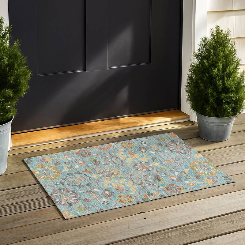 Machine Washable Indoor/ Outdoor Traditional Blanca Chantille Rug - Teal - 1'8" x 2'6"