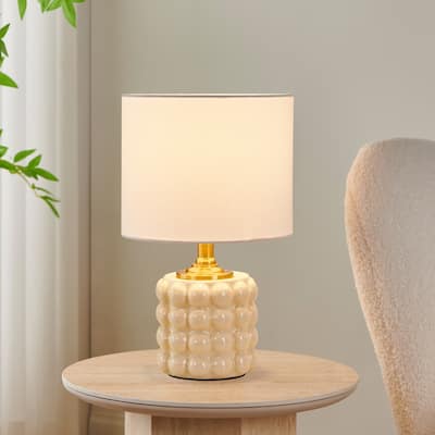 KAWOTI 14.75 in. Cream Cracked Texture Ceramic Table Lamp with White Shade - W9" * H14.75"