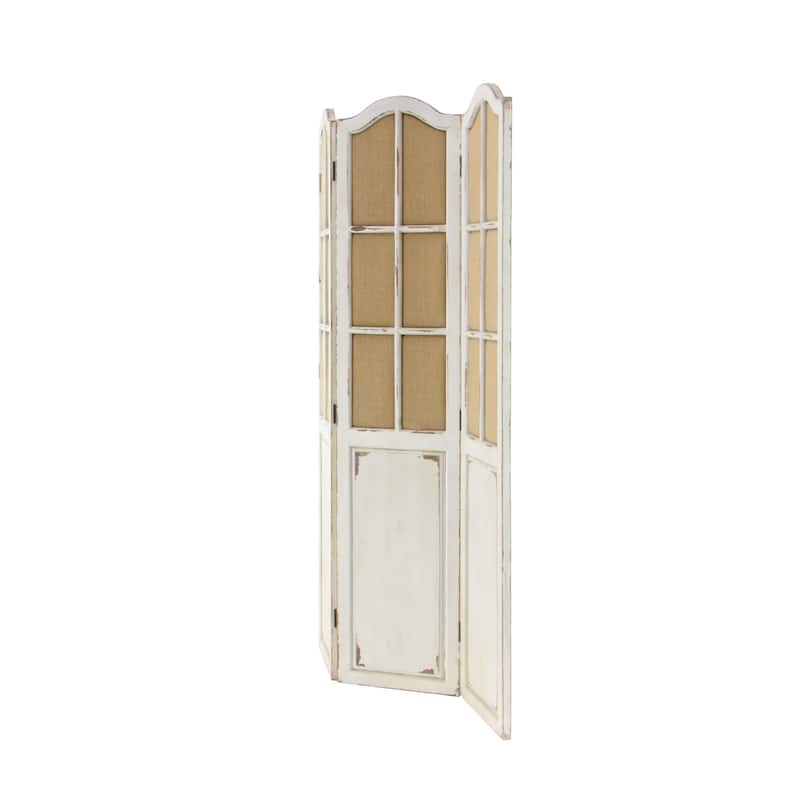 Beige Wood Hinged Foldable Partition 3 Panel Partition Room Divider Screen with Burlap Window Pane Design