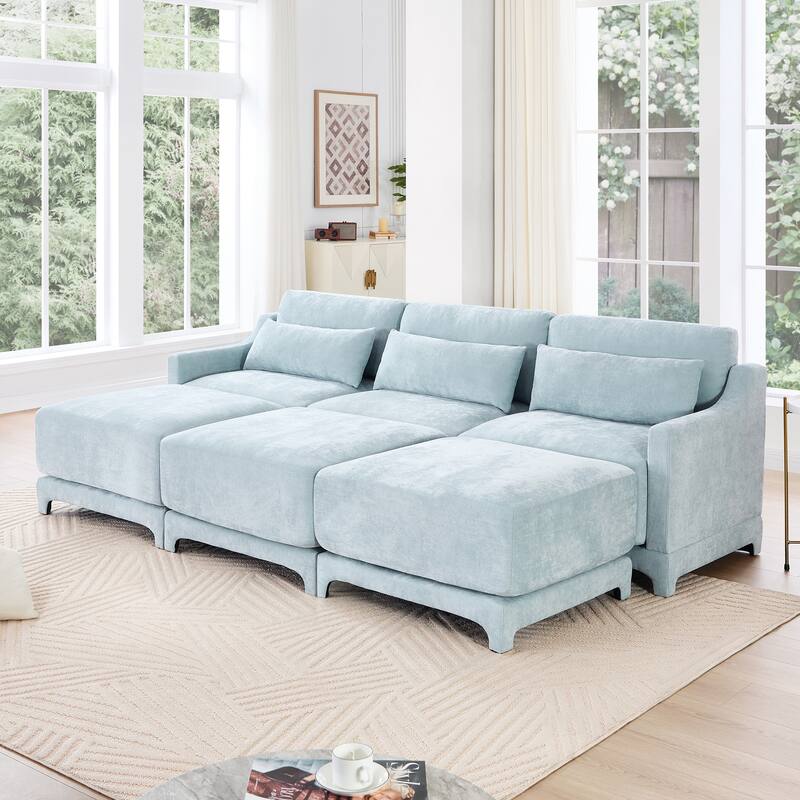 105.9" Chenille Ergonomic 3-Seater Sofa with 3 Ottomans & Lumbar Support - Sky Blue