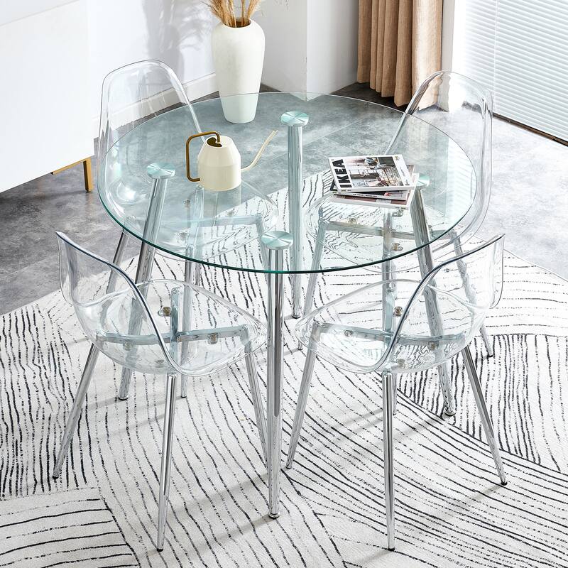 5-Piece Dining Table Set.A 38.6" Transparent Tempered Glass Round Dining Table with 4 Transparent Plastic Dining Chair - Silver,Transparent
