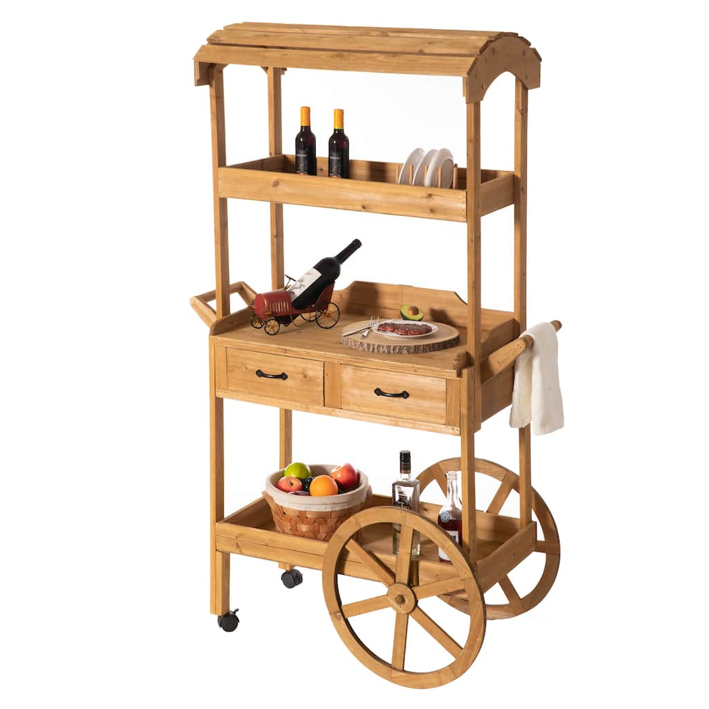 Large Wooden Display Rolling Table with Drawers and Wheels 3 Tier for Display, Modern Wood Wagon with Shelves for Food and More