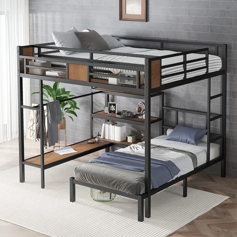 Queen Over Twin Bunk Bed with storage area on upper bed, lower bed with hangers and shelves, Space-Saving/Noise Reduced,black