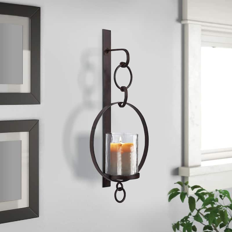 Metal Wall Sconce with Glass Hurricane and Chain Design Holder, Black