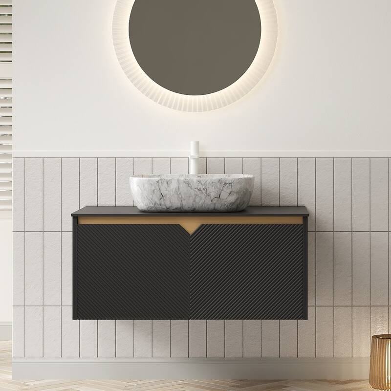 Floating Bathroom Vanity with Sintered Stone Top and Ceramic Vessel Basin - Black and Stone Gray - 35.83'' x 19.69'' x 21.69''