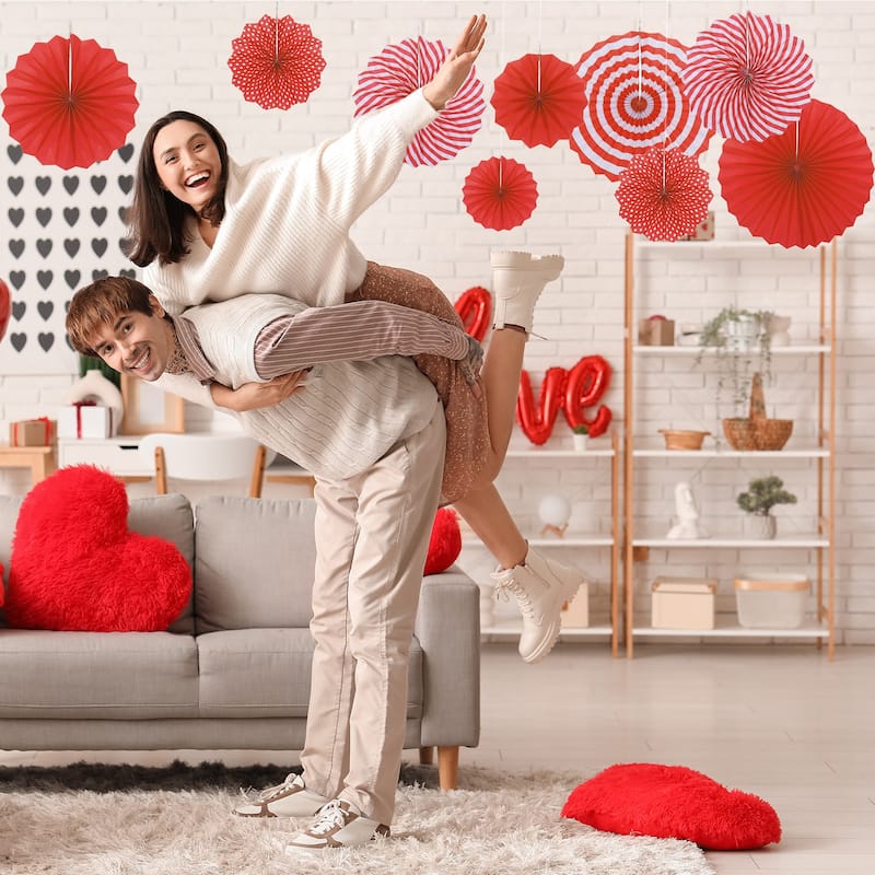 Hanging Paper Fans Set Paper Decorations for Party Red Color 8pcs