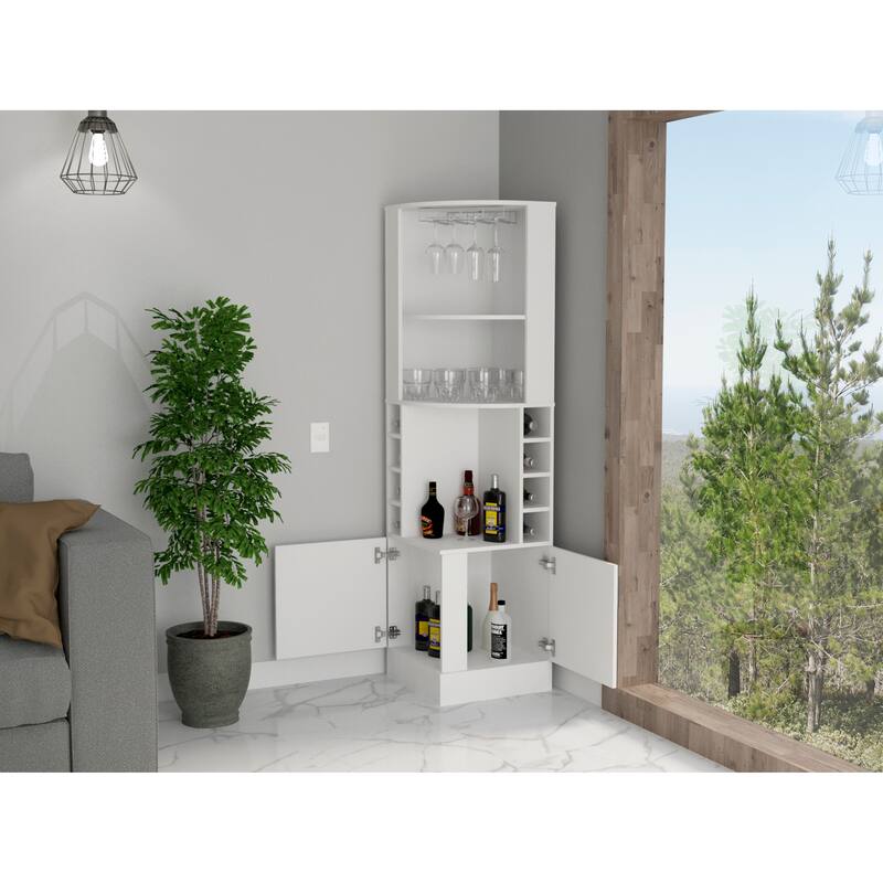 Bar Cabinet with Wine Bottle Storage & Concealed Shelves, 8-Bottle Display, Particle Board, 71" Tall - White
