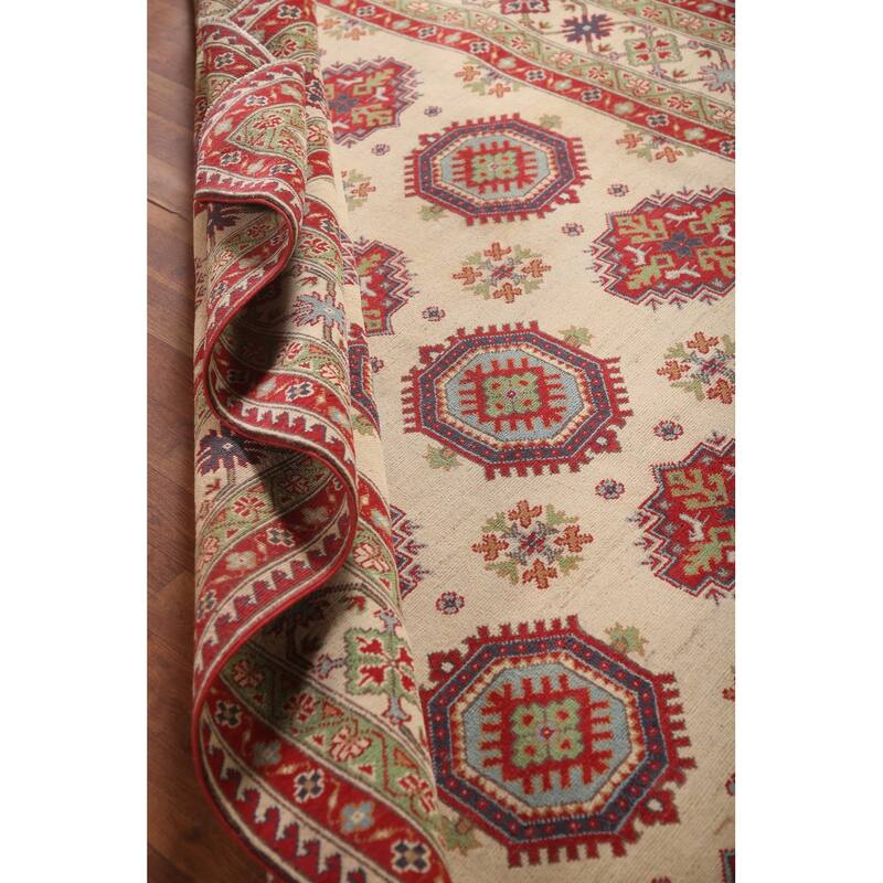 Beige Kazak Area Rug Hand-Knotted Geometric Wool Carpet - 6'6" x 9'2"