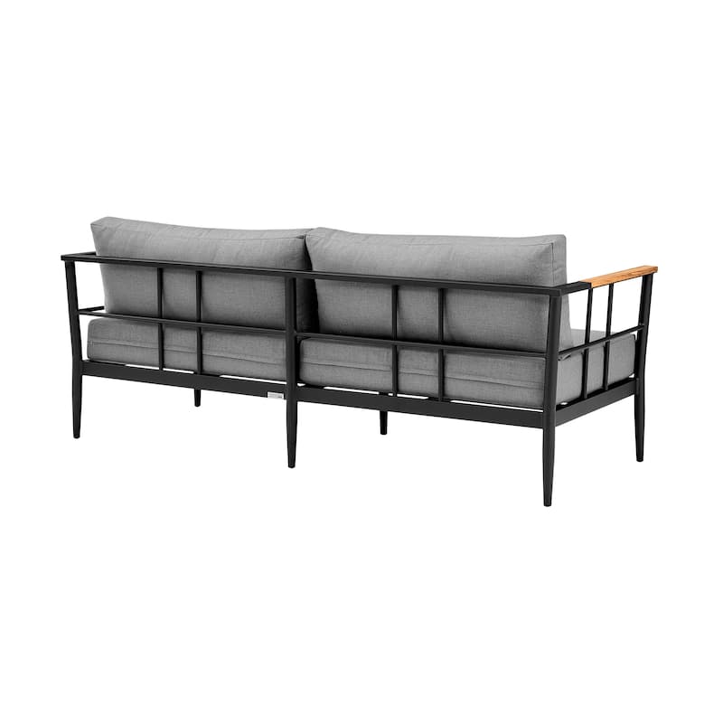Veyda Black Aluminum and Teak Wood 78" Outdoor Sofa with Cushions