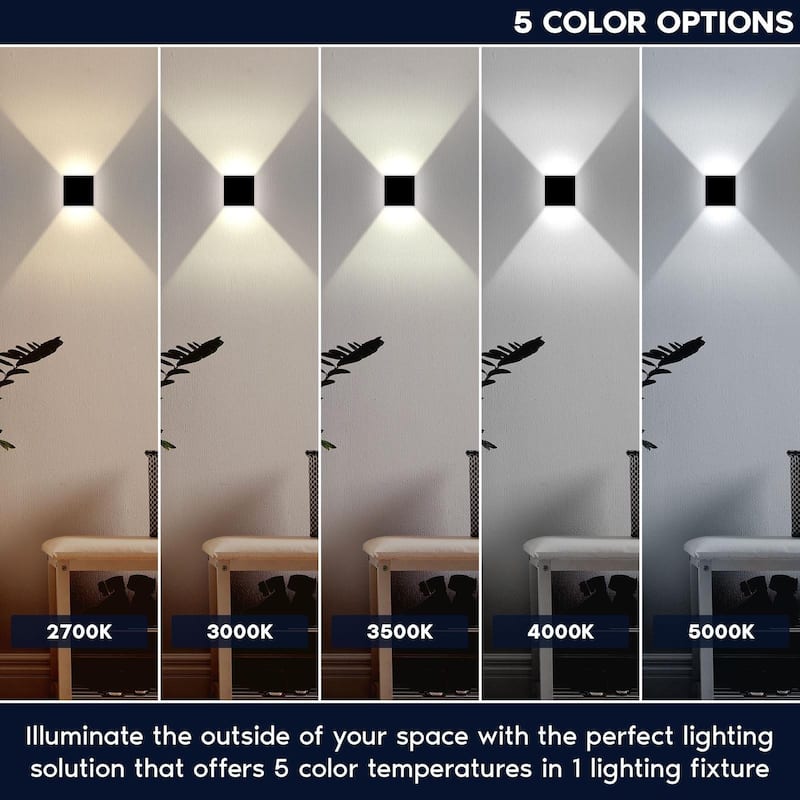 Luxrite Square LED Up and Down Wall Sconces Set of 2, Metal, 5CCT 2700K-5000K, 15W, 1000LM, IP65 Waterproof, ETL - Black