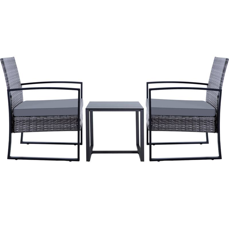 3-PC Outdoor Wicker Conversation Set w/ 2 Cushions, Glass Coffee Table