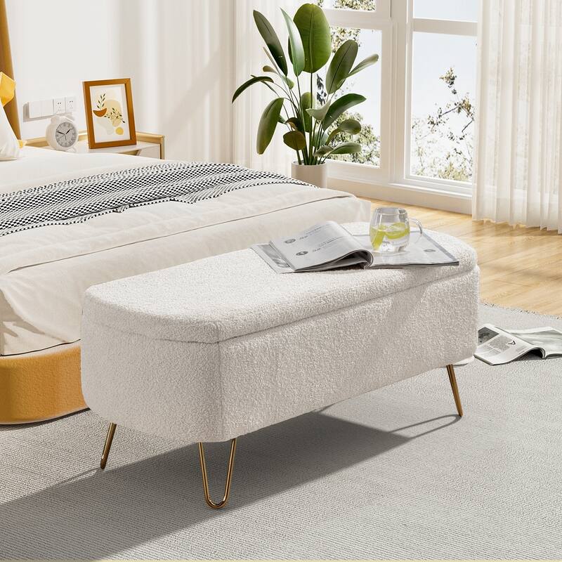 Ouyessir Modern Sherpa Storage Bench, Ottoman with Storage - White