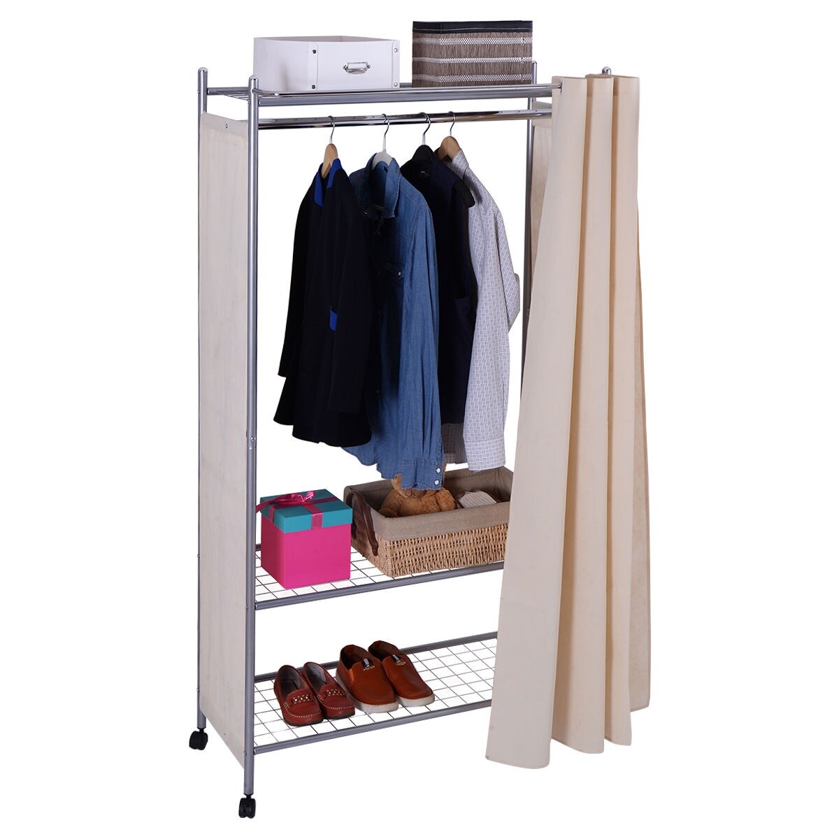 Portable Wheeled Closet Storage Organizer Wardrobe Clothes Rack With Shelves Closet Organizers